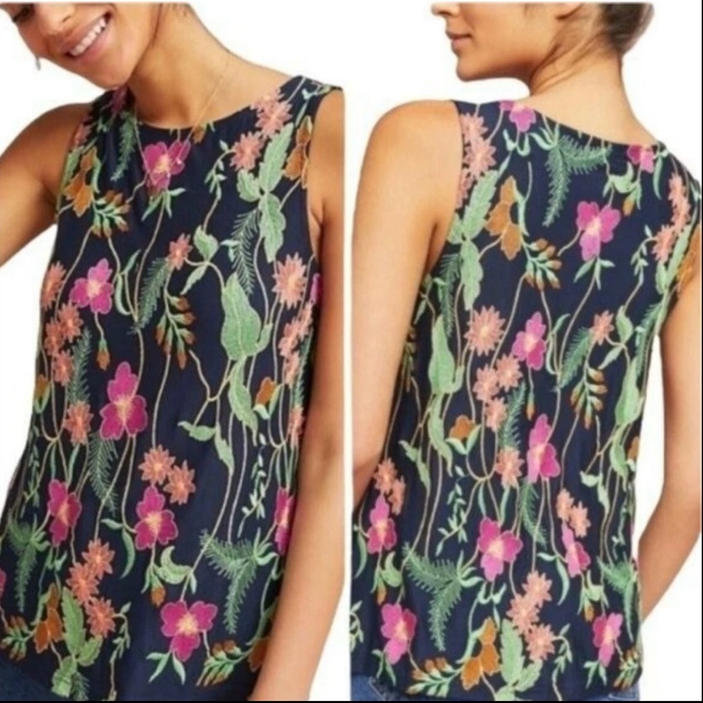 Meadow Rue Navy Floral Tank Top with Pink & Green Embroidery